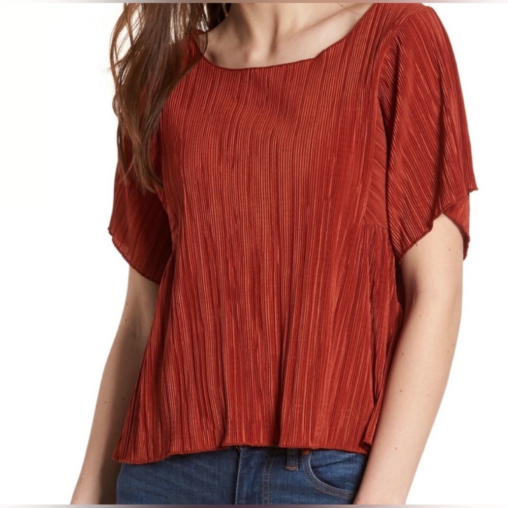 Madewell Red Rust Plisse Ruched Flowy Blouse Top L Large